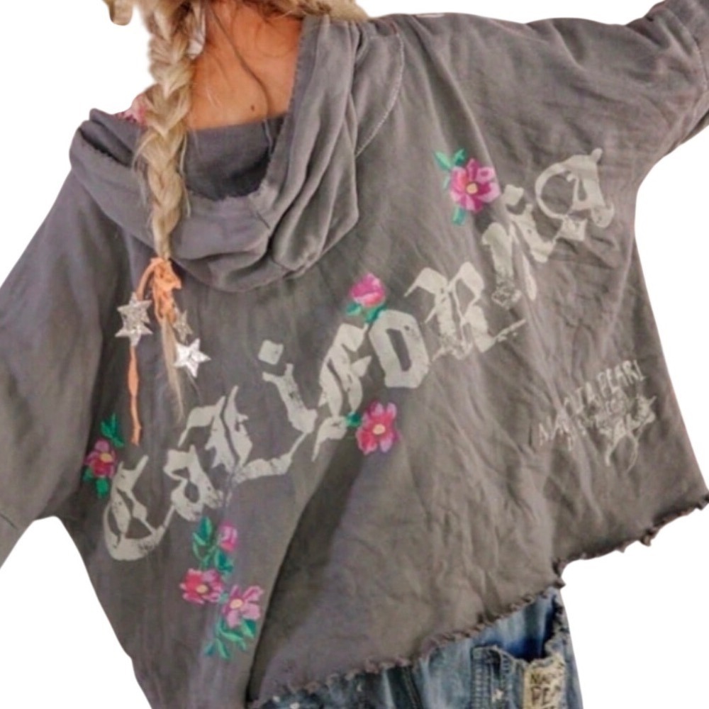Magnolia Pearl CALIFORNIA SURFING HEALS Gray Distressed Hoodie Front Pockets NWT